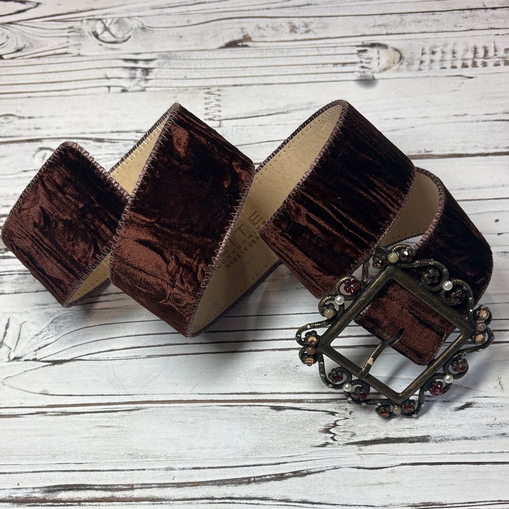 Vintage Elite Accessories Velvet Belt, Size Small, Ornate Statement Buckle